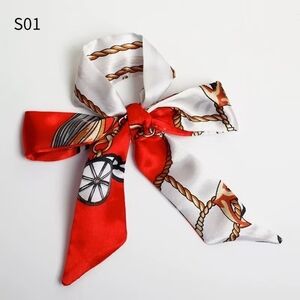 Silk-Feel Red & White Rope Print Hair Bow Scarf